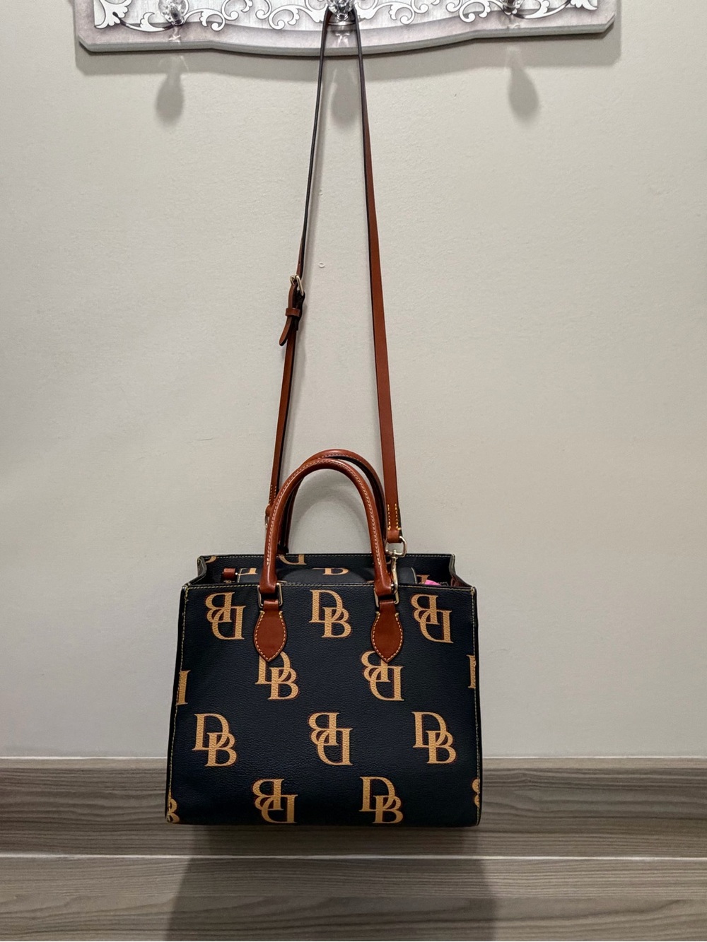 Dooney & Bourke Satchel with Brown Trim and Monogram- Charcoal Grey